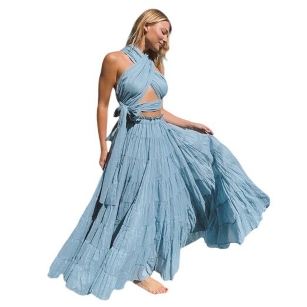 Anthropologie Mable Azul Crossover Tie Tiered Maxi Dress Graphite Blue Boho S